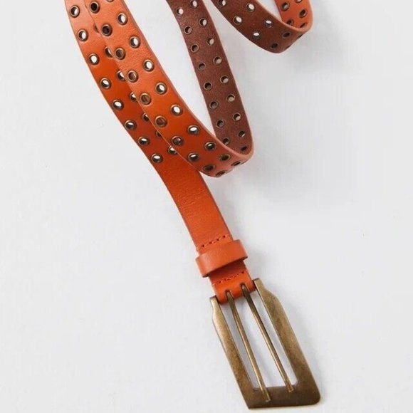 Free People Rush Hour Grommet Leather Belt in Caution Orange